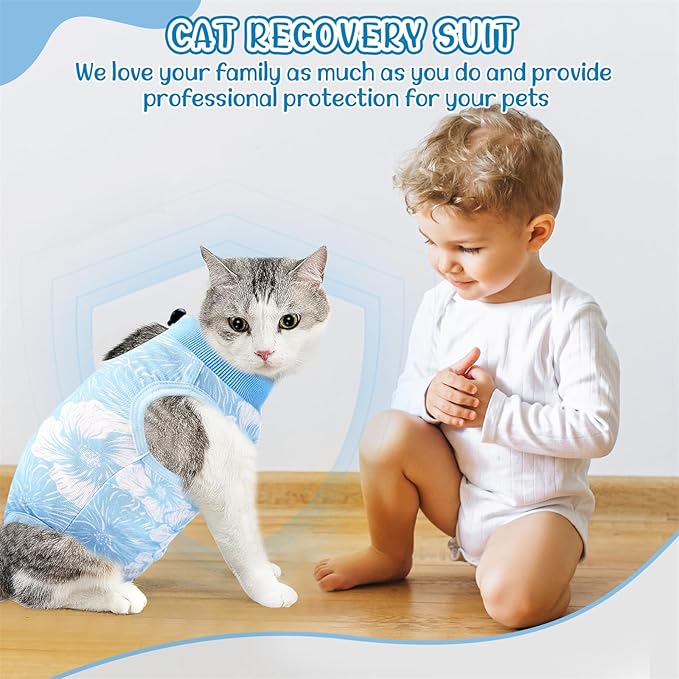 SlowTon Cat Recovery Suit - Cat Onesie for Cats After Surgery Female Male, Kitten Clothes Cats Surgical Spay Suit Abdominal Wounds, E-Collar Alternative Bodysuit Shirt Anti-Licking (Blue Flower,M)