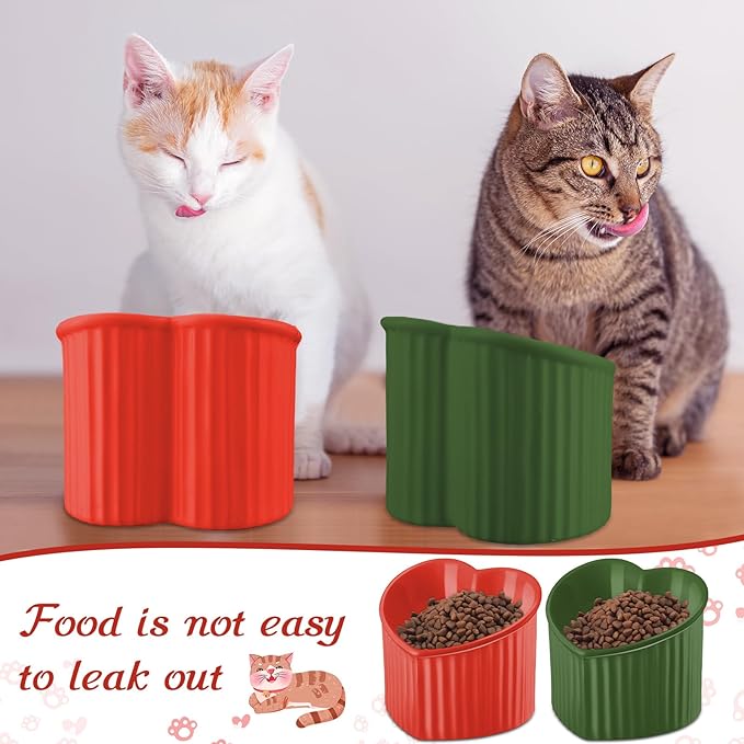 Mumufy 2 Pcs Ceramic Elevated Cat Bowls Tilted Elevated Raised Pet Bowls Anti Vomit Cat Dish for Indoor Stress Free Water Dish Feeder for Puppies, Heart Shaped (Red, Green)