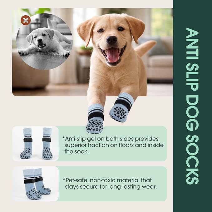 Kuoser Dog Socks, Non-Slip Dog Grip Sock for Hardwood Floors, No Twist Dog Boots & Paw Protectors 4 Pcs Anti-Scratch Hot Pavement Winter Snow Socks for Small Medium Large Senior Dogs, Grey XL