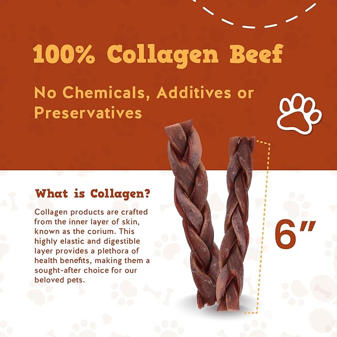 Jack&Pup 6" Braided Beef Collagen Sticks for Dogs | Rawhide Free Dog Chews Long Lasting | Single Ingredient Healthy Dog Treats for Medium Dogs | Bully Stick Alternative (8 Pack)