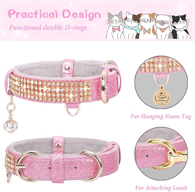 PetsHome Cat Collar, Dog Collar, [Bling Rhinestones] Premium PU Leather with Pendant Adjustable Collars for Big Cat and Small to Medium Dog Small Pink