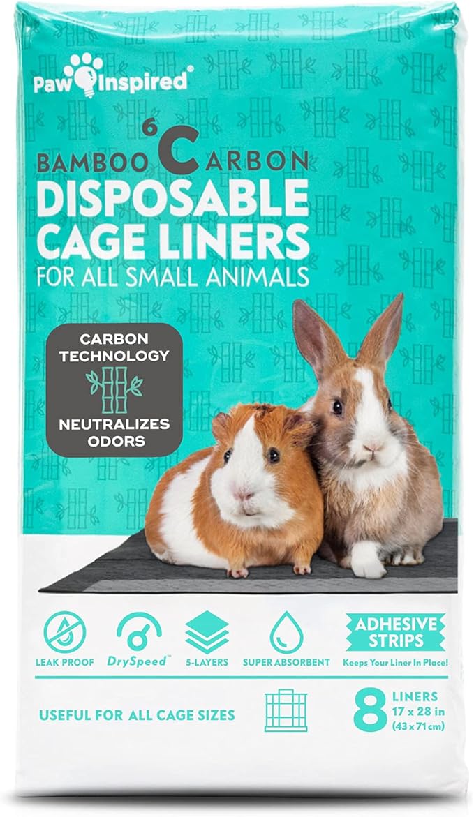 Paw Inspired Disposable Guinea Pig Cage Liners | Bamboo Charcoal Odor Controlling | Super Absorbent Liners Pee Pads for Ferrets, Rabbits, Hamsters, and Small Animals (28x17 (C&C 2x1) - 8 ct)