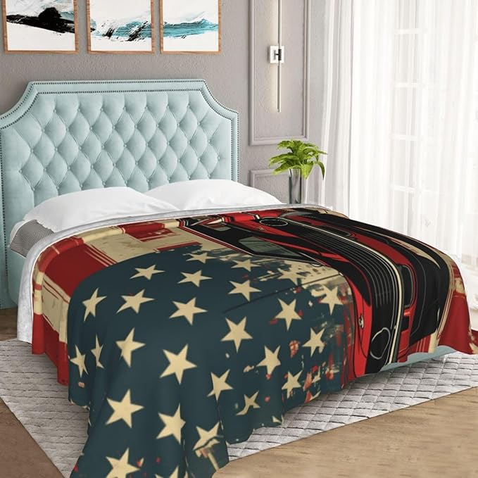 Muscle Car Blanket Gifts for Women Men Adults Car Lovers, American Flag Plush Fleece Throw Blankets, Cozy Soft Warm Bedding Decor for Sofa Living Room Travel 60"x80"