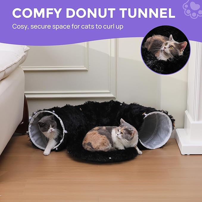 Cat Tunnel with Bed – Soft Plush Peekaboo Donut Cave for Indoor Cats | Under Christmas Tree Hideaway & Multifunctional Playground Toy for Kittens, Rabbits, Ferrets (Long-Pile Fabric Black)