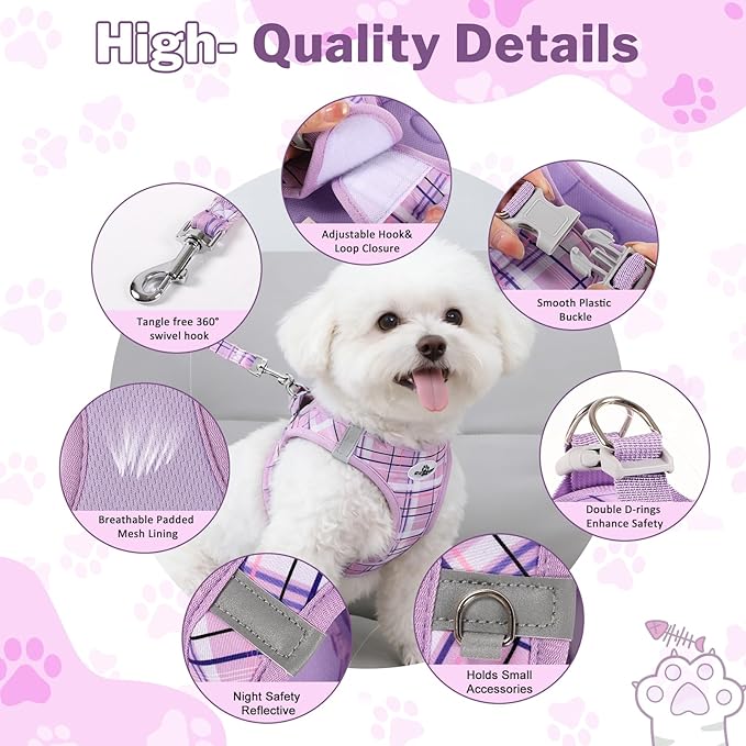 Gyuzh Small Dog Harness and Leash Set for Puppy & Kitten - 3-in-1 No Pull Step in Vest Collar, Lightweight Reflective Plaid, Padded Handle (Purple, XS)
