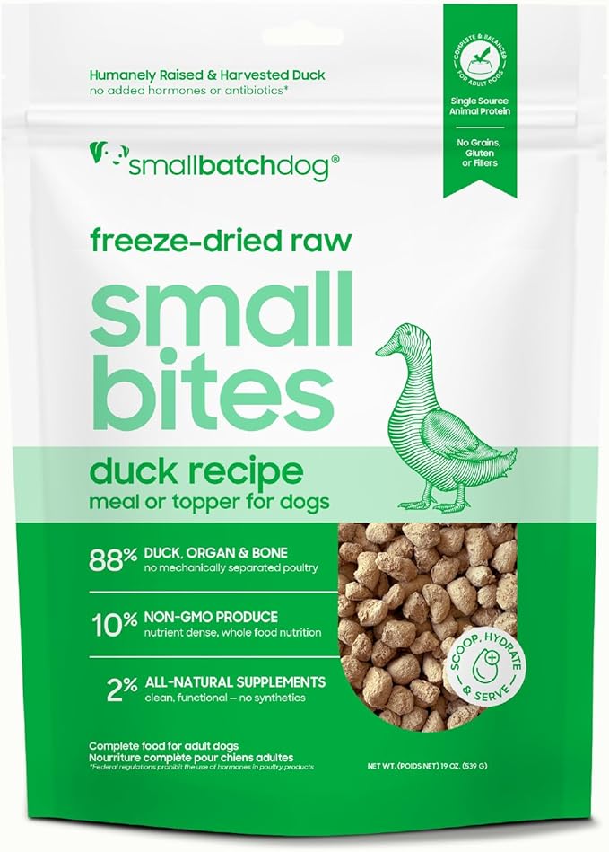 smallbatch Pets Freeze-Dried Raw Dog Food – Duck Recipe – 19oz Small Bites – High Protein, Grain Free – Complete Meal or Topper – Made in USA with Organic Superfoods 19 Oz, Duck