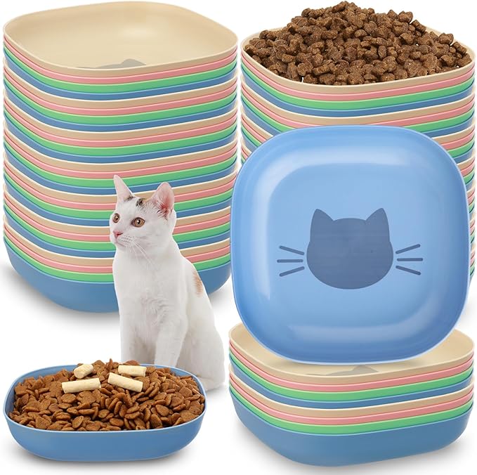 Tioncy 24 Pcs Fatigue Relief Cat Bowl 5.7 Inch Shallow Cat Food Dish Wide and Small Pet Wet Feeding Bowl for Kitten Short Legged Kitten Ferrets Feral Small Animals (Blue, Green, Pink, Beige,Cute)