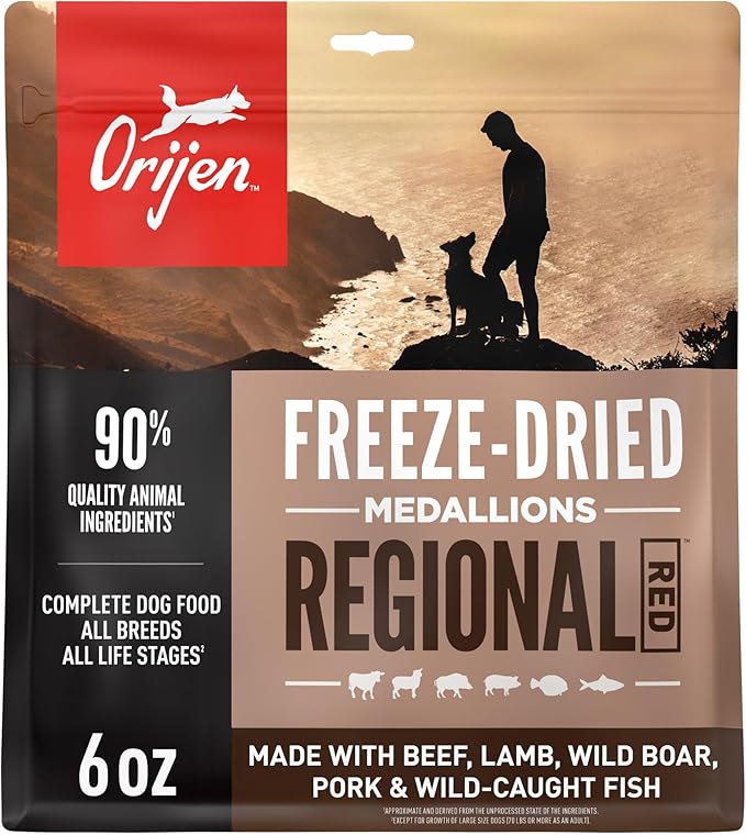 ORIJEN Grain Free High Protein Freeze Dried Dog Food & Topper Regional Red Recipe 6oz Bag