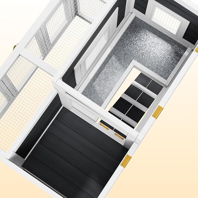 Outdoor Rabbit Hutch for 2-4 Chickens Wooden with Waterproof Asphalt Roof, Ramp, Openable Top Pull-Out Tray Suitable for Suitable for Indoor and Outdoor Use. (White Black)