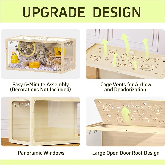 32 inch Wooden Hamster Cage, Large Habitat, Openable Top, Transparent Acrylic for Interior View, Ventilated, Easy to Clean, for Syrian Hamster, Dwarf Hamster, Gerbil, Other Small Pet Animals