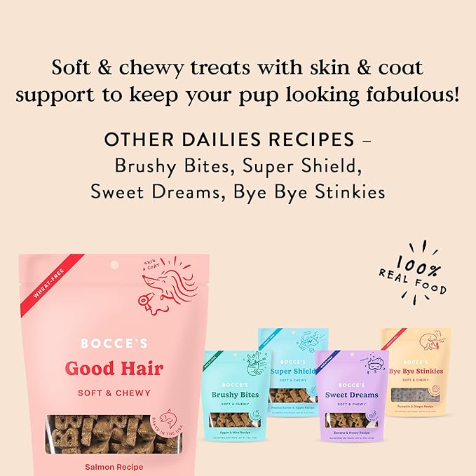 Bocce's Bakery Dailies Good Hair Dog Treats for Skin & Coat Support, Wheat-Free Dog Treats, Made with Real Ingredients, Baked in The USA, Natural Soft & Chewy, Salmon Recipe, 6 oz