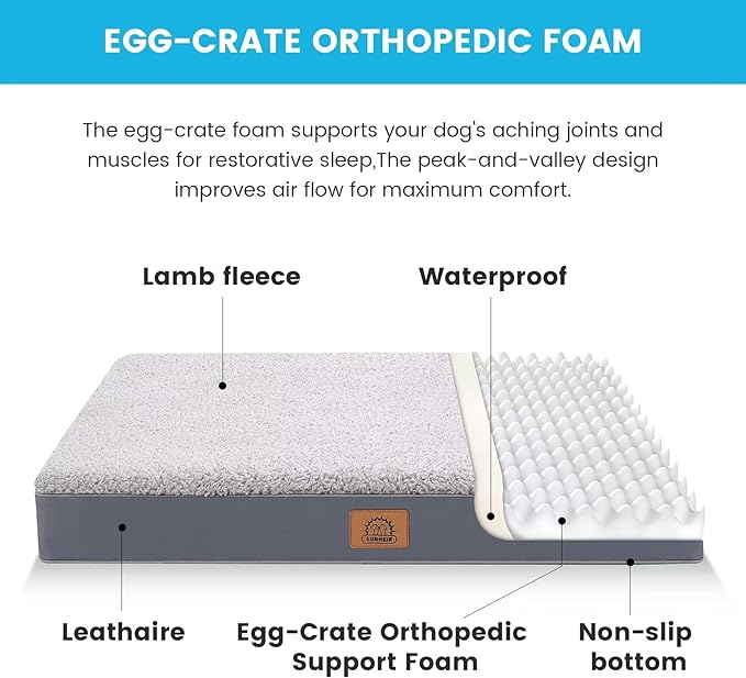 Sunheir Orthopedic Dog Bed for Large Dogs and Extra Large Dogs, XL Waterproof Dog Bed with Removable Washable Cover & Anti-Slip Bottom, Crate Bed, Deluxe Plush Pet Bed Mat, L-Plus(36"X27"X3"), Grey