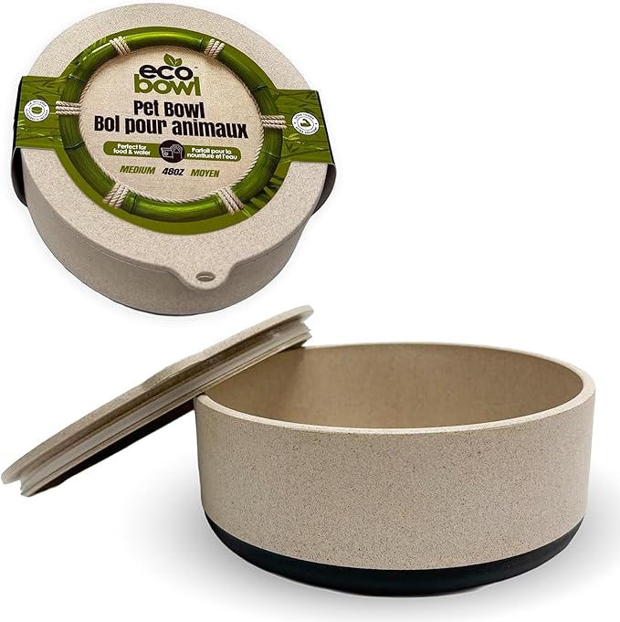 Palz&Co EcoBowl with Lid for Dogs & Cats, 48 oz Gray - Natural Bamboo Pet Bowl with Non-Slip Base, Pet Food and Water Dish, Dishwasher Safe