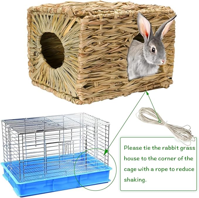 Hamiledyi 2PCS Large Grass House for Rabbit, Edible Bunny Hut Natural Grass Woven Foldable Pet Play Hideaway Hay Mat Chew Toys for Guinea Pig Hamster Chinchilla 14.5x11.4x10.2 inches
