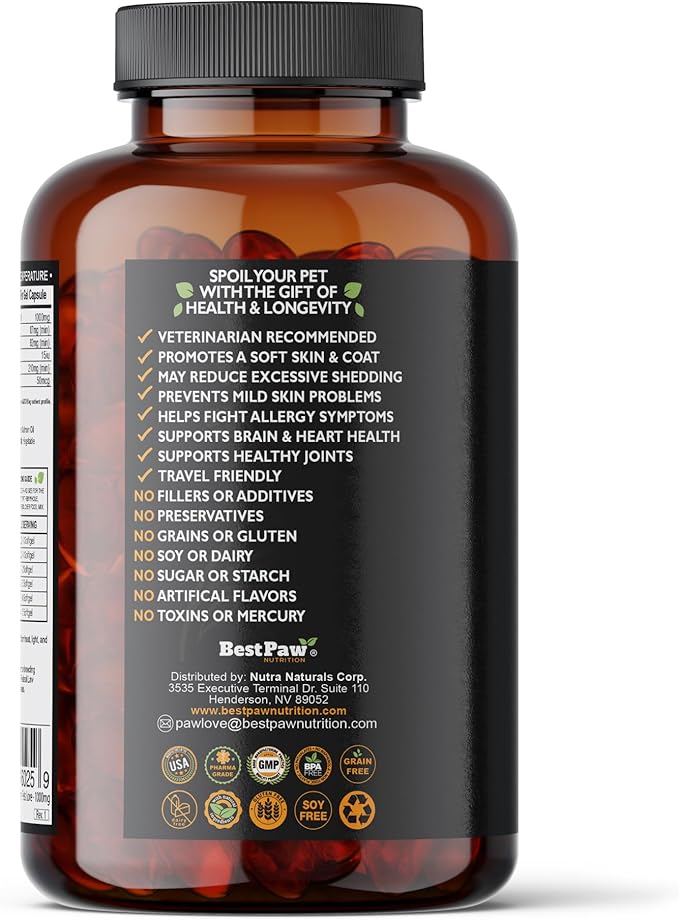 Wild Alaskan Salmon Oil for Dogs and Cats | Omega 3 Fish Oil Soft Gel Capsules | Skin and Coat, Joint and Heart Support | 1000mg EPA DHA | 120 Count
