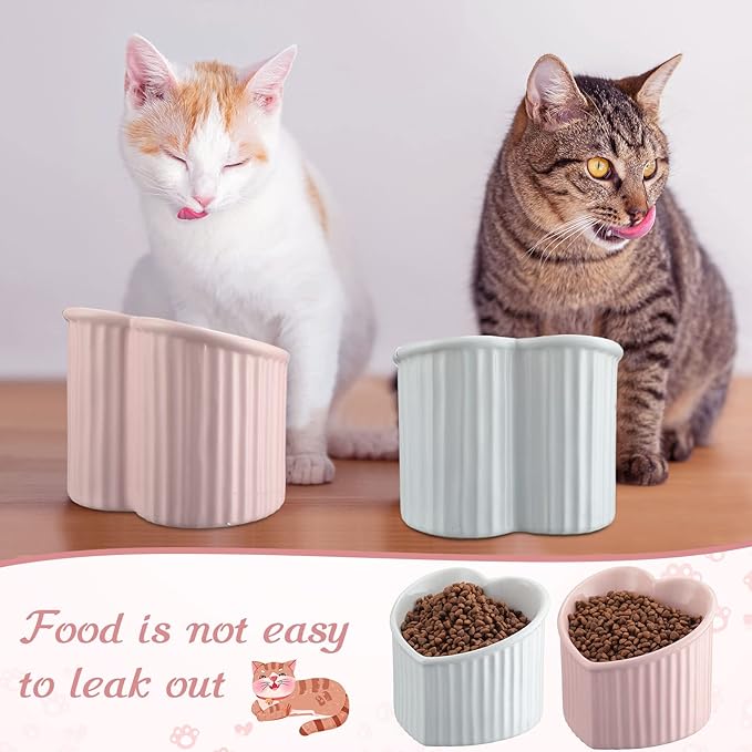 Mumufy 2 Pcs Ceramic Elevated Cat Bowls Tilted Elevated Raised Pet Bowls Anti Vomit Cat Dish for Indoor Stress Free Water Dish Feeder for Puppies, Heart Shaped(Pink, White)