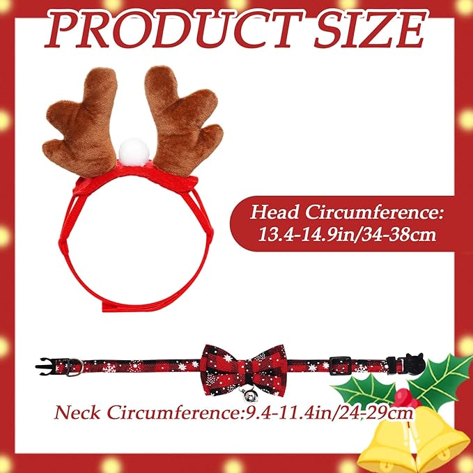 Cat Christmas Costume Reindeer Headband and Collar for Small Cat Dog Christmas Halloween Party Cosplay Supplies (Red Checkered)