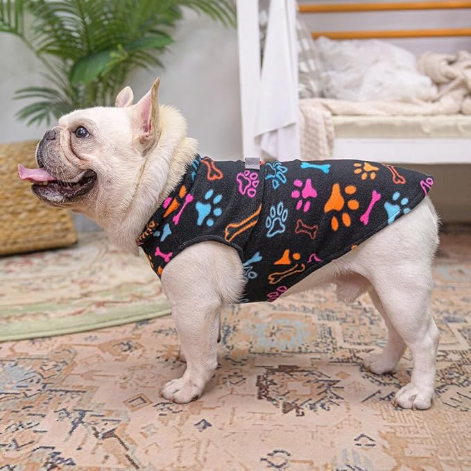 BEAUTYZOO Small Dog Sweater Fleece Vest Winter Jacket, D-Ring Leash Attachment for XS S Puppy Medium Sized Breeds Dogs, Cold Weather Dog Clothes Windproof Keep Warm, Black Bones Paw L