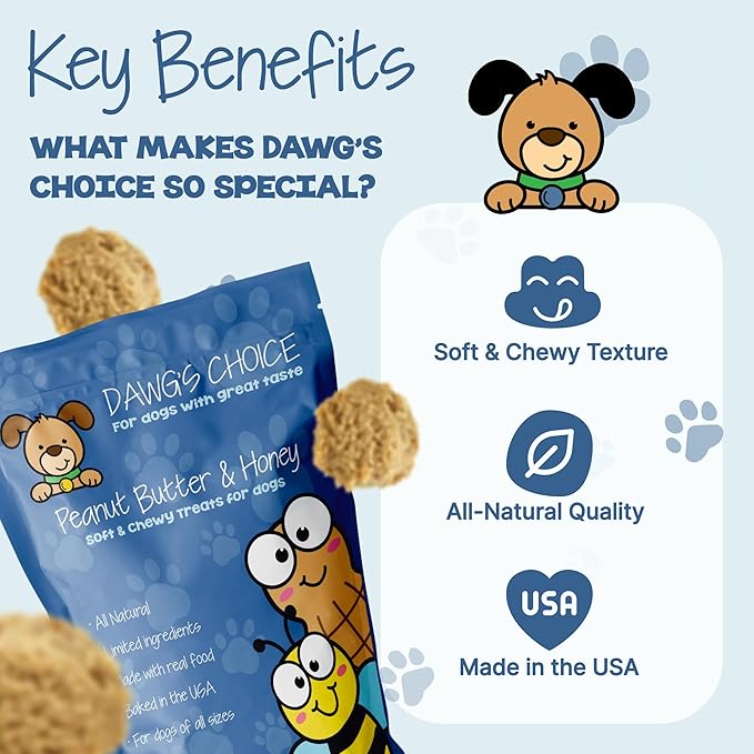DAWG'S CHOICE Soft & Chewy Dog Treats, Peanut Butter & Honey Snacks for Dogs, Dog Treats Made in USA, Human Grade, All-Natural Ingredients, High Value Training Treats, for Small, Medium & Large Dogs