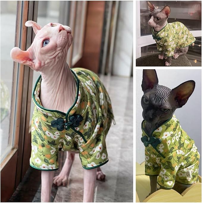 Traditional Culture Sphynx Hairless Cat Cotton T-Shirts Cat Clothes Pet Sweater Cat Vest Pet Clothes Kitten Shirts Cats & Small Dogs Apparel (White Petunia Chi-Pao, XXL (13-15 lbs))