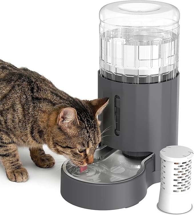 JUNSPOW Cat Water Dispenser with Filter and Stainless Steel Bowl, Automatic Gravity Water Dispenser for Cats or Small Medium Size Dogs, Large Capacity, Easy to Clean and Safe for Pets (4L Grey)