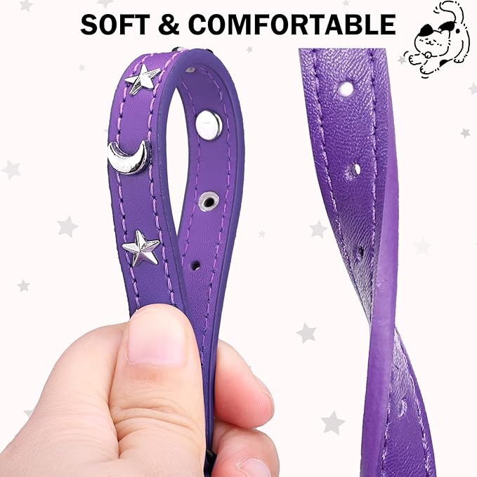 Leather Cat Collars for Boy Girl Cats with Bell and Safety Elastic Belt, Personalized Star and Moon Stud Adjustable Safe Buckle Collar for Kitty Small Big Cats Size 7-9 Inch, Purple