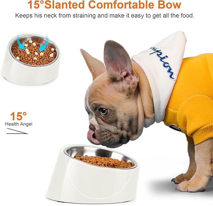 Tilted Dog Bowl Non-Slip & Non-Spill Pet Feeder with Elevated Detachable Melamine Stand, Easy to Get Food Dog Dish, L/300ml White