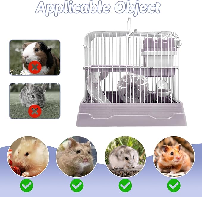 PINVNBY 2-Tier Dwarf Hamster Cage, Hamsters Travel Cage Portable Mouse Cages with Running Exercise Wheels, Water Bottle and Food Dish for Hamster Mouse Rat 11.7 * 8.7 * 9.38 in (Gray)