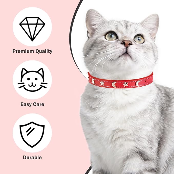 Leather Cat Collars for Boy Girl Cats with Bell and Safety Elastic Belt, Personalized Star and Moon Stud Adjustable Safe Buckle Collar for Kitty Small Big Cats Size 8-12 Inch, Red