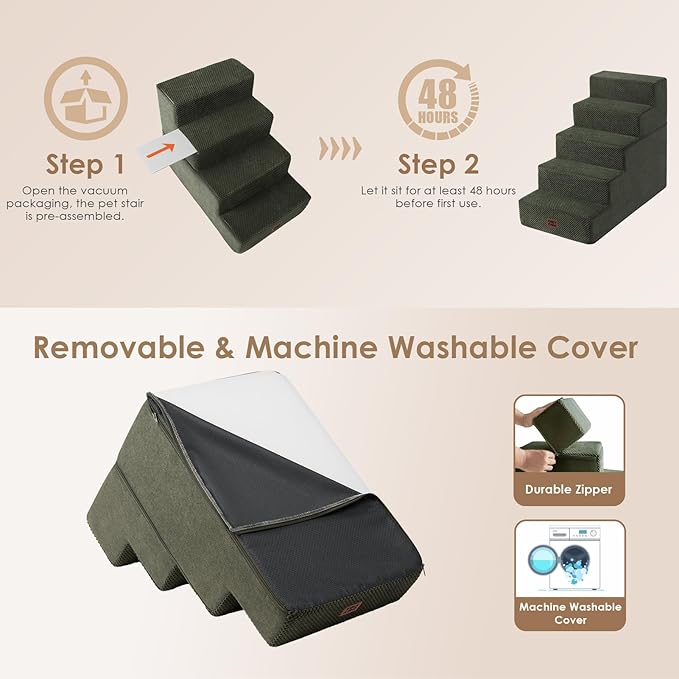 EHEYCIGA Dog Stairs for Bed 25" H, 5-Step Extra Wide Dog Steps for High Bed, Pet Steps for Small Dogs and Cats, Non-Slip Balanced Pet Ramp Indoor, Military Green