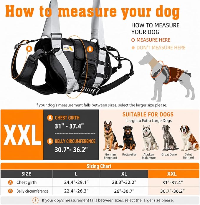 Dog Lift Harness for Large Dogs,Full Body Dog Sling Carrier with Handle,for Up Stair/Back Legs Support/Dogs Joint Injuries/Arthritis (Black, XX-Large)