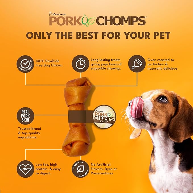 Pork Chomps Roasted Pork Skin Dog Chew, 8-inch Knot, 1 Count (Pack of 3)