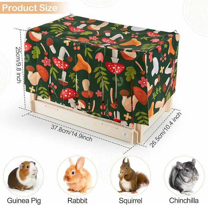 Glittme Guinea Pig Hideout, Wooden Guinea Pig Bed with Waterproof Mat, Durable Rabbit Bed with Door Curtain for Guinea Pig, Rabbit, Ferret, Squirrel, Bunny