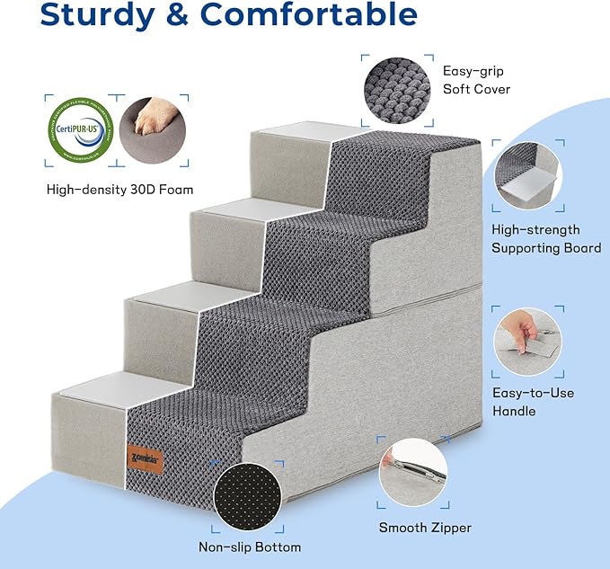 ZOMISIA Dog Stairs for Small Dogs - Pet Stairs 2 in 1 with Zippers Suitable for Couch and Bed, 35D Foam Dog Steps with Non Slip Bottom Grey 4 Steps, Beige