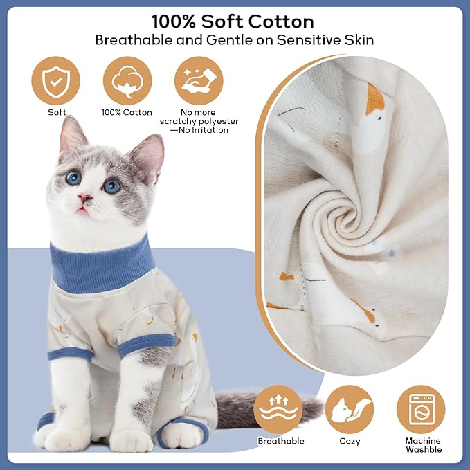 QBLEEV Cat Recovery Suit for Post Surgery, Spay Neuter Suit for Cats, Soft Stretchy Cotton Cat Onesie for Skin Diseases, Anti-Lick Surgical Shirt Pajamas for Abdominal Wound, Kitten Cone Alternative