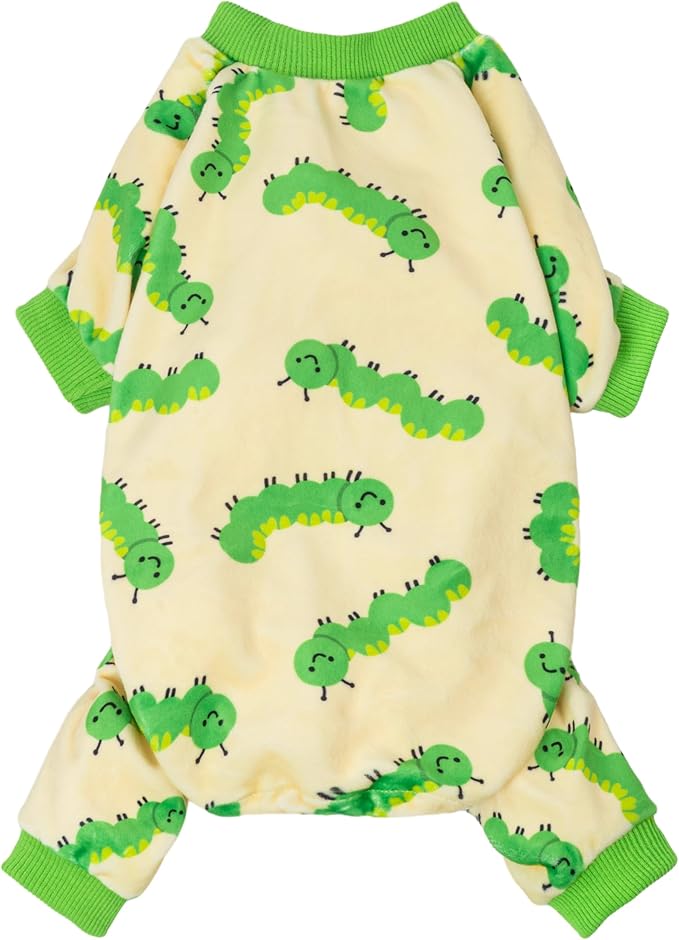 Fitwarm Caterpillar Dog Fleece Pajamas, Cozy Clothes for Small Dogs Boy Girl, Funny Pet Onesie, Beige, Green, XS