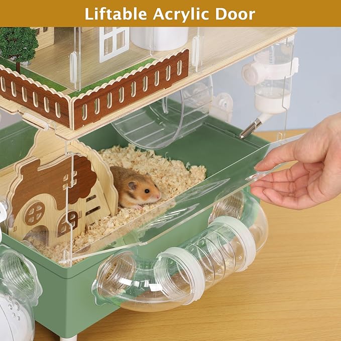 Large Hamster Cage Acrylic Hamster Enclosure with Hideout, Wheel & Tunnels Clear Hamster Habitats for Syrian Dwarf Hamster, 3 Tier Animal Gerbil Cage for Pet Mice House, 13.3" L x 9.8" W x 17.4" H