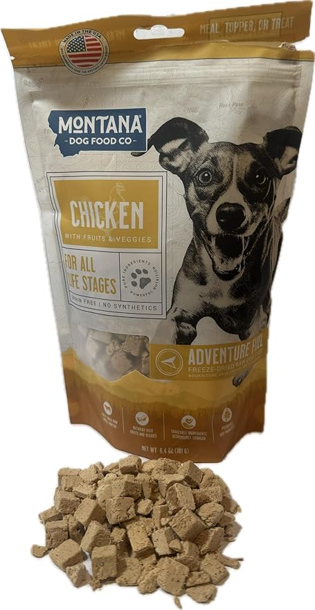 MONTANA DOG FOOD CO. Freeze-Dried Raw Chicken Recipe Dog Food – Grain-Free, High-Protein Meal or Topper, Made in USA with USA Ingredients -6.4 oz Bag
