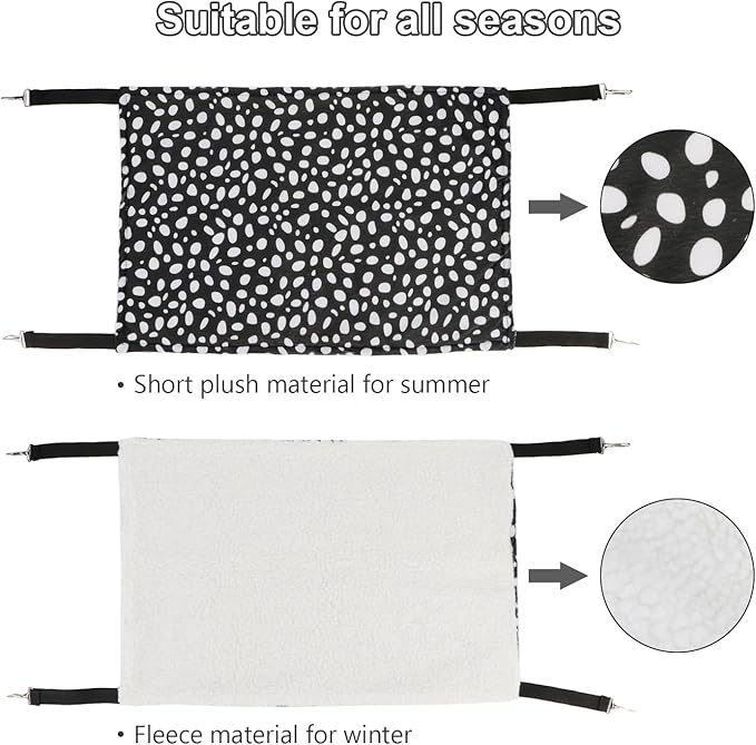 Wontee 2 Pack Small Animal Hammock Soft Fleece Sleeping Bed for Mice Rat Chinchilla Guinea Pig Ferret Kitten Cat Rabbit (M: 13.76x13.76inch, Black White Dot)