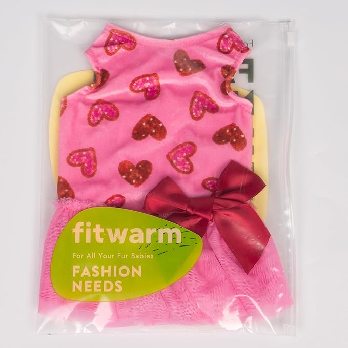 Fitwarm Pink Heart Tulle Dog Dress, Fancy Valentines Outfit for Small Dogs Girl, Festive Pet Clothes, Pink, Red, XS