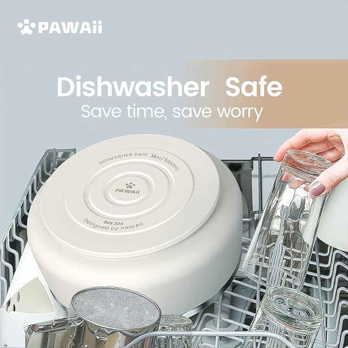 Pawaii Dog Bowl, 34 oz Double-Wall Stainless Steel Food and Water Bowl, Non-Slip Rubber Base, Dishwasher Safe, ID Tag Included, (1 Pack)