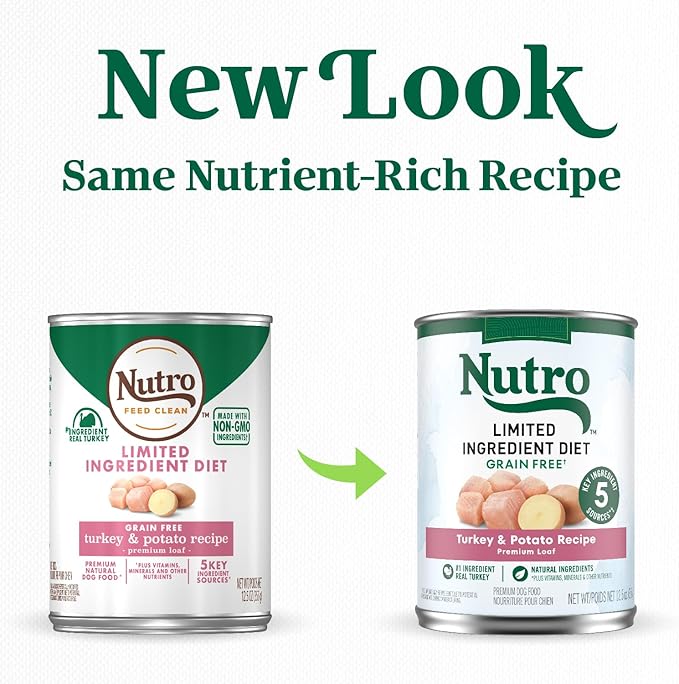 Nutro Limited Ingredient Diet Adult Canned Dog Food, Grain Free Wet Dog Food Cans Premium Loaf Turkey & Potato Recipe, 12.5 oz. (12 Count)
