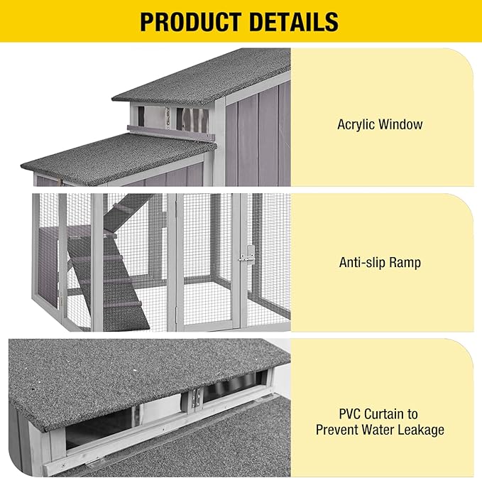 Large Chicken Coop, Wooden Chicken Coops with Nesting Boxes and Removable Tray, Waterproof Hen House with Asphalt Roof, Poultry Cage for Outdoor Backyard, Unique Folding Design