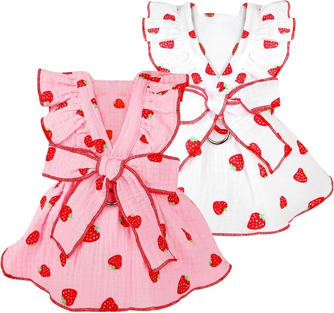 Dog Dresses for Small Dogs Girl Female Cat Clothes Cat Dress Cute Cotton Extra Summer Bow Decor Printed Strawberry Dog Birthday Outfit Small Puppy Clothes