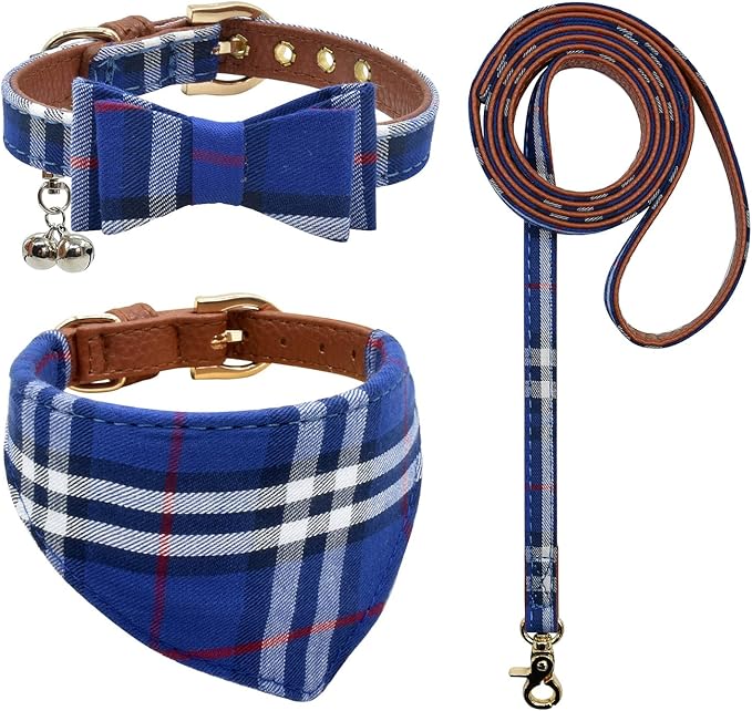 3PCS Bow Tie Dog Collar and Leash Set Plaid/Camo/Dots/Flower Dog Bandanas with Bell 3 Size Adjustable for Small Dogs Puppies and Cats (XS, Blue Plaid 2)