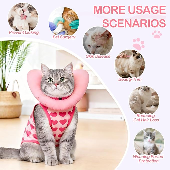 EMUST Cat Recovery Suit with Soft Cone Collar for Female Cats, E-Collar Alternative Post-Spay Wear, Breathable Anti-Licking Cat Onesie for Surgery Recovery & Skin Disease Support(Heart,S)