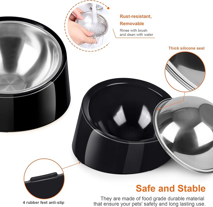 Tilted Dog Bowl Non-Slip & Non-Spill Pet Feeder with Elevated Detachable Melamine Stand, Easy to Get Food Dog Dish, L/300ml Black