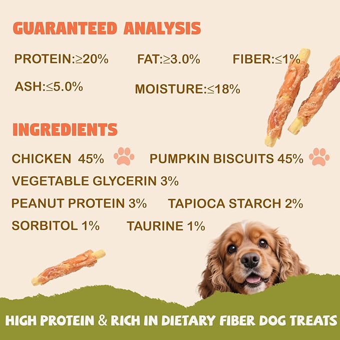Dog Treats Pumpkin Biscuits Chicken Jerky Wrapped, Low Fat Rawhide Free Healthy Dog Chew Training Treats, High Fiber Pumpkin Biscuits Dog Snacks, for Small Medium Large Dogs 10.6 oz