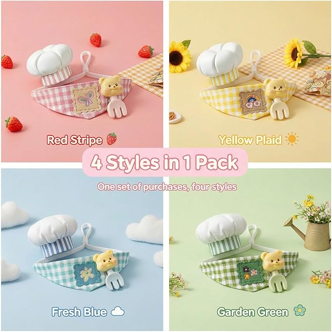 4 Pcs Hamster Chef Hat and Bib Set - Cute Small Animal Chef Costume Accessories for Hamsters Guinea Pigs, Mini Pet Chef Hats with Gingham Bibs for Dress Up & Photo Props