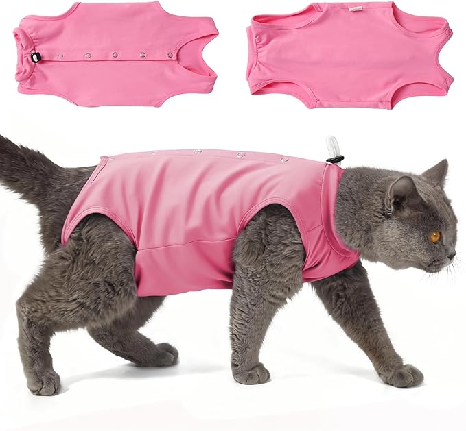 HEYWEAN Cat Recovery Suit Soft Onesie After Surgery for Female Male Cats Breathable Spay Abdominal Wound Protection Cone Alternative (Pink, Small)